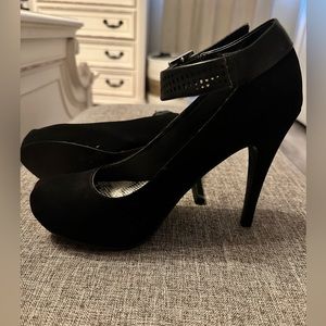 Black microsuede heels with ankle buckle strap